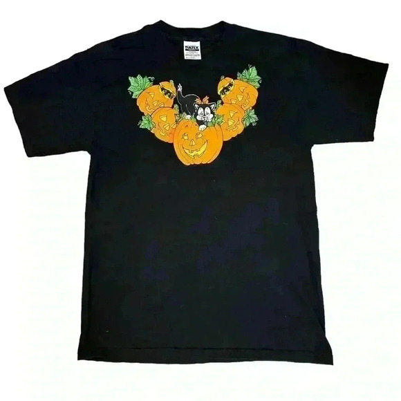 Halloween Black Cat Jack O Lantern Vintage Tultex Short Sleeve Shirt Size L - Picture 1 of 6